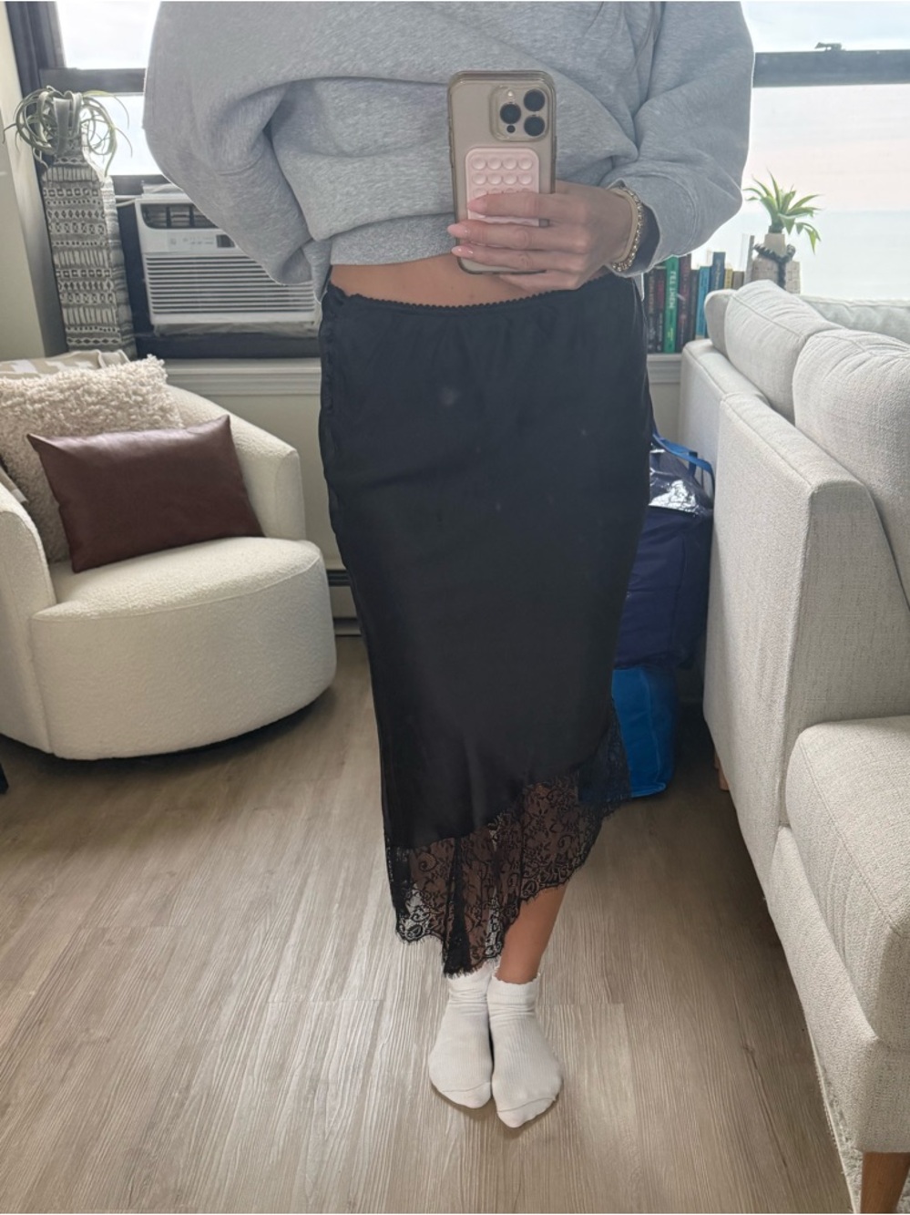 Anthropologie Black Lace-Hem Midi Slip Skirt